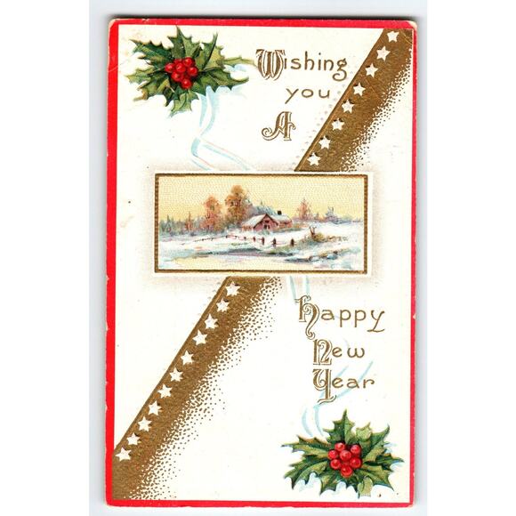 Vintage 1907-1915 New Year Postcard Winter Cottage Lithograph Divided Back - Picture 1 of 2